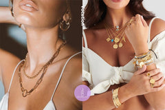 A woman is posing with different necklaces and bracelets, showcasing potential gift options from The Jewel Pick box by thejewelpick.