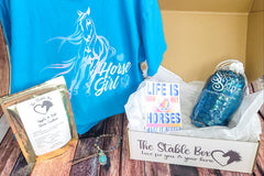 The Stable Box Subscription - horse girl graphic tee, horse treats, turquoise saddle pad cover, vinyl sticker and bracelet.