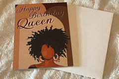 Happy Birthday Queen Card with a beautiful melanated faceless woman with natural hair.  Background is different shades of brown.