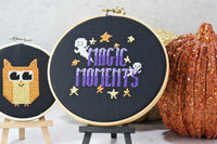 halloween modern cross stitch patterns with words, magic moments with white ghost peeking around and filled with stars, simple orange owl.