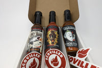 SCOVILLED hot sauce of the month subscription box featuring The Spicy Shark, Elijah's Xtreme, and Down to Ferment