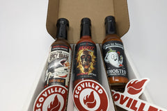 SCOVILLED hot sauce of the month subscription box featuring The Spicy Shark, Elijah's Xtreme, and Down to Ferment