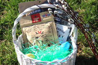 A white easter basket filled with Righteous Felon Victorious BIG jerky, People's Choice jerky, Easter grass, and Easter eggs. 