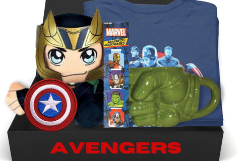 Loki Plush, Captain America Tshirt, Magnetic Bookmarks, Captain America Patch and Hulk 3D Fist Sculpted Mug.