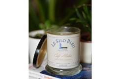 Cafe Mocha candle with black lid resting on the side of the candle. They are on a stack of French books with potted plants in the background
