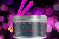 Electric Parade Soy Wax Candle by Theme Park Candles. This candle smells like an electrifying blend strawberry and rock candy.