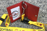 Softball ID holder red split grain leather interior with a key ring, ID holder, credit card slot, and coin pocket