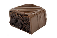 Close-up image of the Classic Brownie Bite. This brownie bite is our classic brownie recipe dipped in milk chocolate.