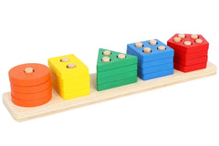 A Montessori-style, wooden shape stacker with five colors. A possible option for inclusion in the Toddler Toy Treasure Box. 