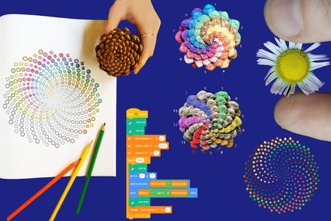 The spiraling of flowers and plants reveals the beauty of the golden ratio, the deep math of nature. Represent this with code, math and art.