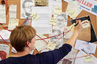 Player plots out mystery using corkboard and postit notes, pinboard shows progress of mystery so far, with documents and sketches
