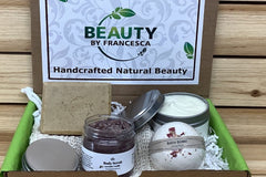 Beauty by Francesca Subscription Box with bath bomb, body butter, ginger soap, body scrub and sisal soap saver.