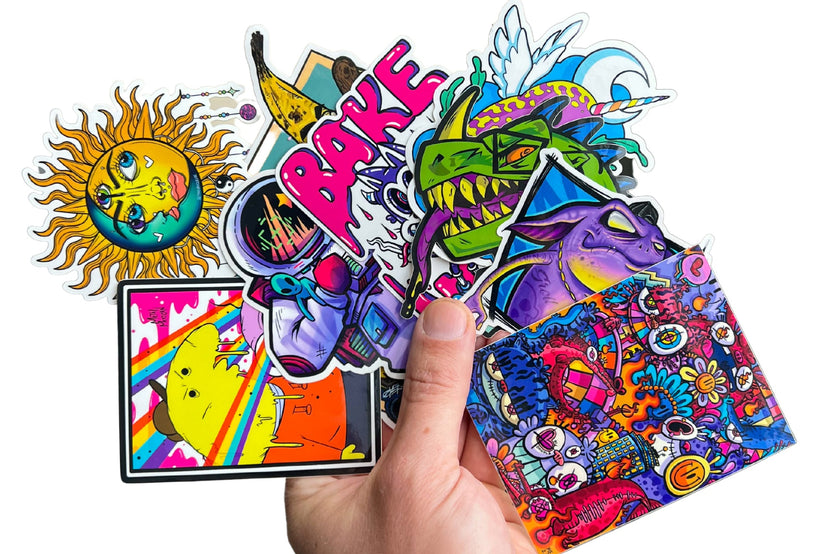Colorful assortment of stickers from the Monthly Sticker Savages Box featuring monsters and whimsical designs for water bottle stickers