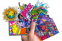 Colorful assortment of stickers from the Monthly Sticker Savages Box featuring monsters and whimsical designs for water bottle stickers