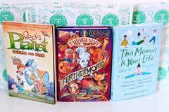 Three colorful children's books from the Kids Read Daily Book Club: "My Family and Me," "The Thrifty Guide to Ancient Rome," and "Freddie Mole, Lion Tamer"