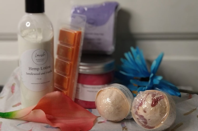 A Luxury Bath and Body Box gift basket with Lavish lotion and soap.