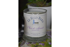 Large lavender rain candle sitting on a french magzine with purple and green flowers on the cover. There is a potted plant in the background