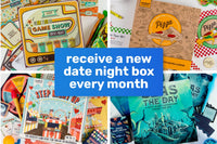 Colorful covers of the Date Night Box Subscription showcasing various themed games and activities for couples