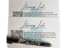 Backside preview of the Virtual Book Club and Teacher Support Group for Vocab Vigor. Both have QR codes for easy access and links (covered).