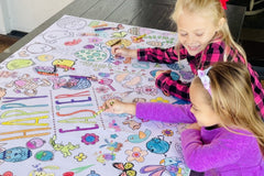 Seasonal kids coloring tablecloths; fun, themed designs delivered monthly for creative playtime all year long. Made in the USA