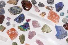 A variety of colorful geological samples from the Matter subscription box, featuring authentic science artifacts for curious minds