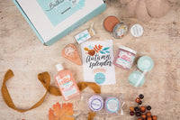 Autumn Splendor Tubless Bath Bevy Subscription Box with body wash, shower steamers, pumpkin pie slice bar soap and candle