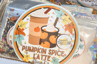 Pumpkin Spice Latte Slime Kit container with label and some contents visible through the plastic. Includes jello and soda packet and glitter