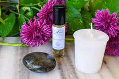 Positive Psychology based, Sacred Strengths Transcendence Box with Aromatherapy Roll, Labradorite crystal, Astral Journey candle.