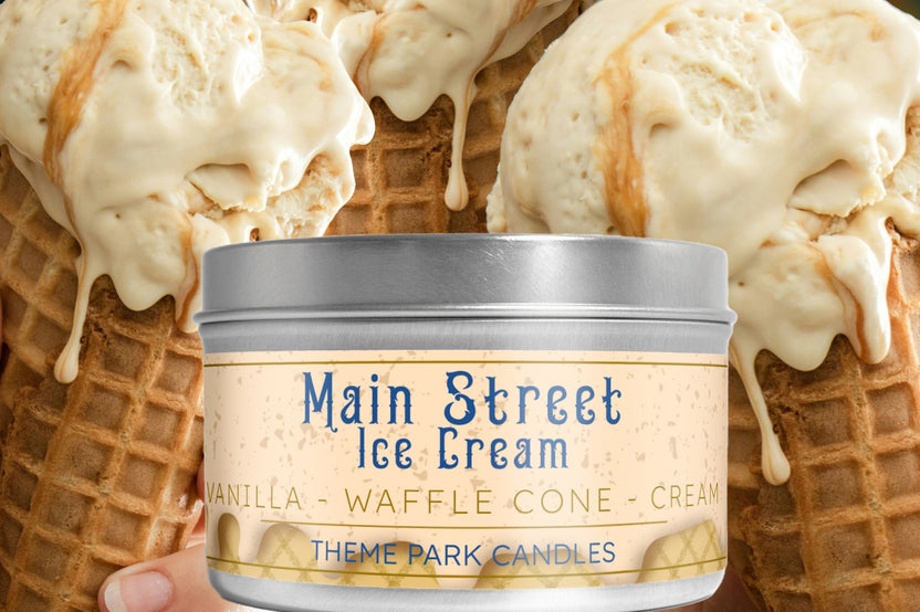 Main Street Ice Cream Soy Wax Candle by Theme Park Candles. This candle smells like vanilla ice cream and waffle cones.