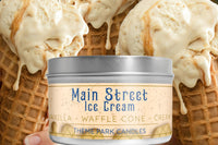 Main Street Ice Cream Soy Wax Candle by Theme Park Candles. This candle smells like vanilla ice cream and waffle cones.