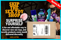 A Mystery Pleasure subscription box sex toys, lubrication and condoms.