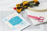 Materials in cross stitch subscription kit includes instructions & tips guide, color black/white patterns, embroidery thread, fabric