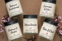 Simple and elegant all white candle design scented candles like Jasmine Sandalwood, Lavender Lilac, Oakmoss Amber, Warm Vanilla and more.