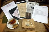 Photocopied newspaper, letters, certificates and a tea bag all aid towards the puzzle in the story.  Photograph of a young woman.