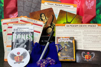 Dungeon Crate™ subscription box featuring exclusive member card, flame miniatures, and a treasure token for roleplaying games