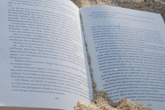 A beach scene with a subscription box from BookTIDE featuring great reads and colorful glass floats