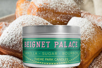 Beignet Palace Soy Wax Candle by Theme Park Candles.  This candle smells like beignets, vanilla, sugar, and bourbon.