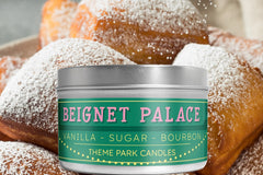 Beignet Palace Soy Wax Candle by Theme Park Candles.  This candle smells like beignets, vanilla, sugar, and bourbon.