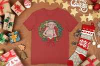 Doby the Elf Tshirt with a Christmas Theme. He is in a wreath surrounded by packages and Christmas items.