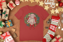Doby the Elf Tshirt with a Christmas Theme. He is in a wreath surrounded by packages and Christmas items.