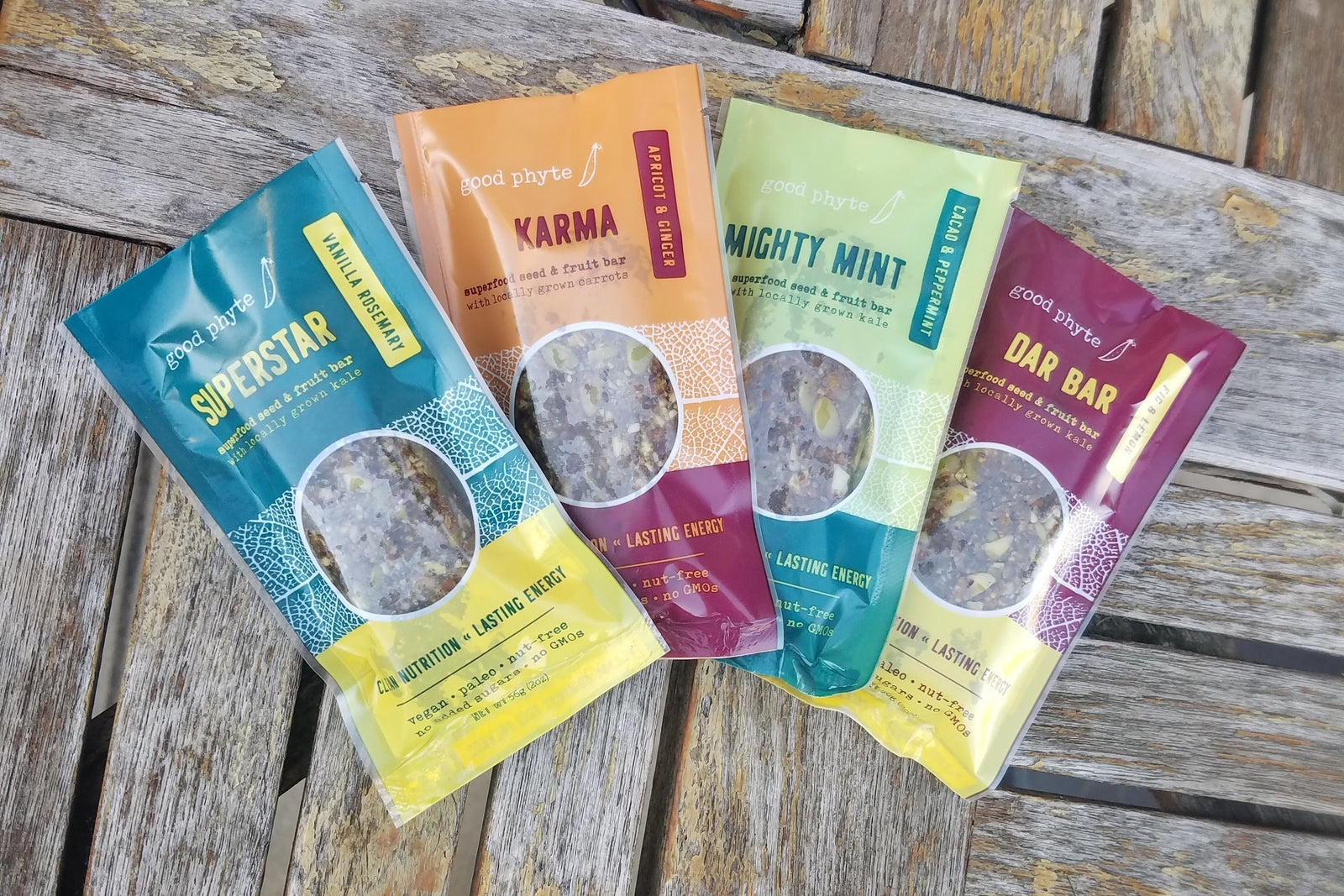 4 packages of snacks from a good phyte foods subscription box.