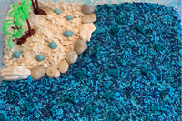 Sensory Play Beach Inspired Kit with blue dyed rice, rocks, dyed shells, palm trees and cloud dough 