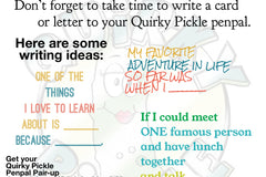 Picture shows some of our writing prompts to get kids and teens writing to friends, such as "My favorite adventure in life so far was . . ."