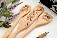 Woodburn these gorgeous autumn themed wooden utensils - spoon, spatula, and spurtle - with pumpkins, acorns, flowers and leaves.