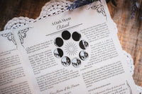 book open to a white page with black writing title dark moon ritual all on top of a white doily on a wood table