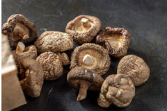 a group of mushroom falling out of a brown paper bag onto a gray surface. Mushrooms are darker brown and look wrinkled.