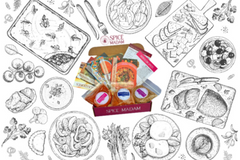 Spice Madam Monthly Subscription box featuring spice packets and recipe cards surrounded by illustrated food items