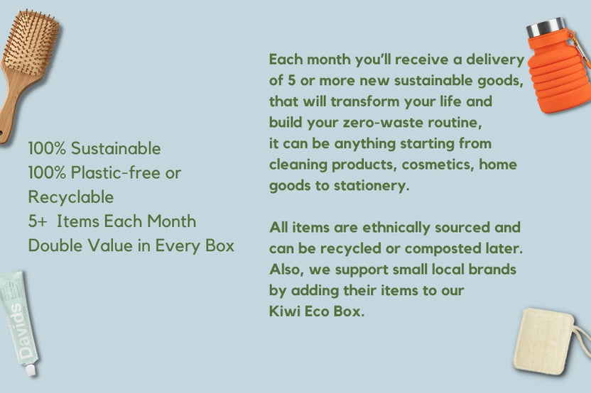 100% sustainable, 100% plastic free or recyclable, each month you will receive a delivery of 5 or more new sustainable goods