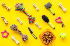 Variety of long lasting bones, teething toys, and grooming accessories. Orange bowl with medium bite kibble.
