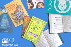 Two children reading books from Bookroo's Tween Book Club subscription on a colorful rug with additional books nearby